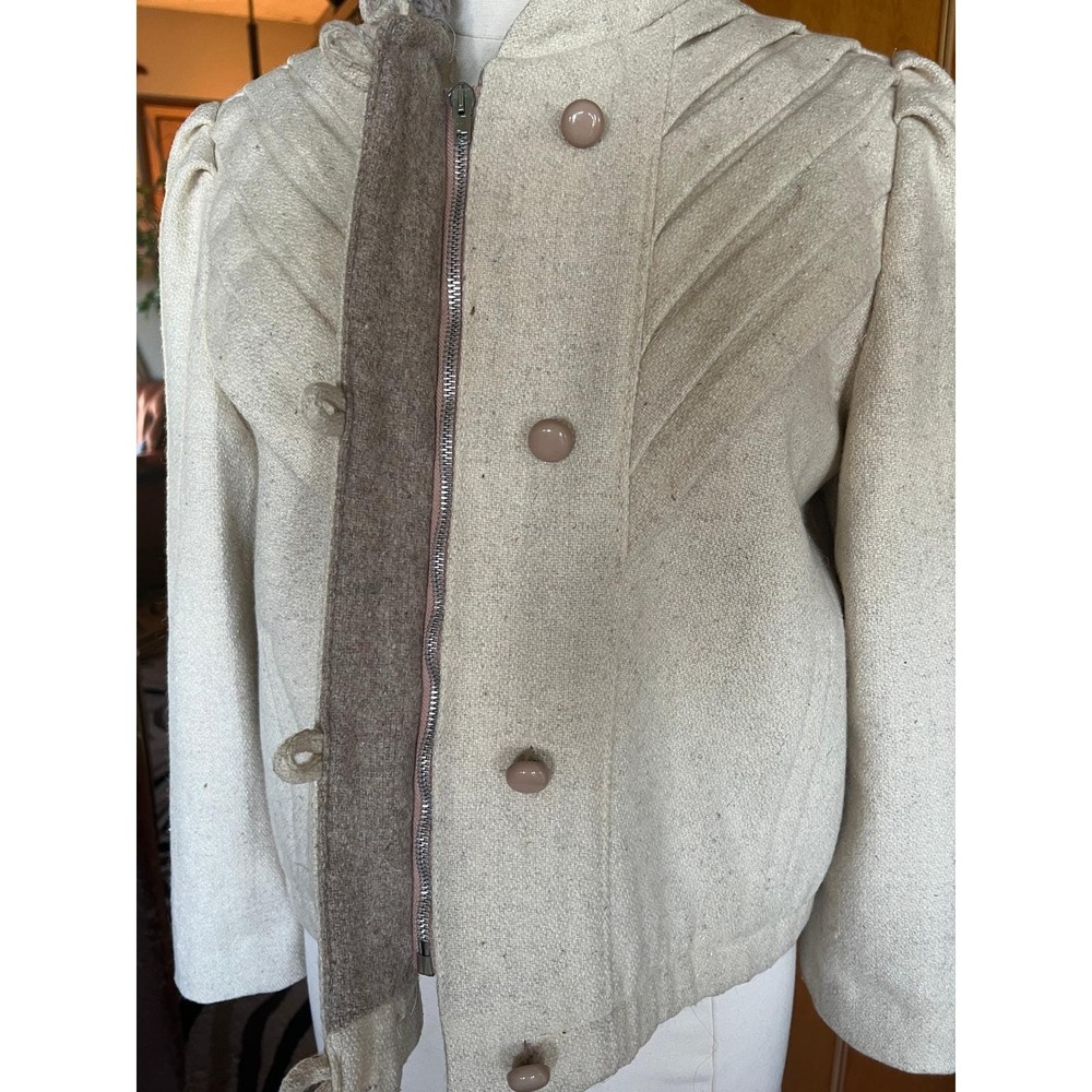 Vintage 70s Cream Wool Pleated Sunburst Jacket Puff Shoulder Quiet Luxury - Picture 16 of 16